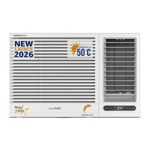 Image of Lloyd 1.5 Ton 3 Star Fixed Speed Window AC (Cools Up To 50C, Turbo Cool, Feather Touch Control, Remote Control Operation, LED Display, 100% Copper, White, GLW18D3LGSPR)