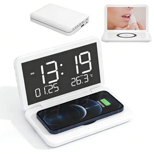 Ouitble Reloj Despertador Digital con Estación de Carga Reloj de Cabecera Plegable 4 en 1 con Termómetro con Cargador Inalámbrico de 15 W, Reloj Despertador con Carga Inalámbrica (Blanco)