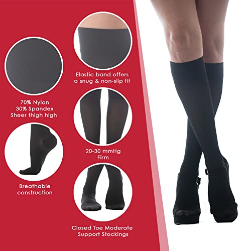 Image of Medicella Premier Closed Toe Knee High Compression Socks for Women 20-30 mmHg Made in USA Medical Quality Sheer Firm Pressure Support Circulation & Travel (X-Large, Black)