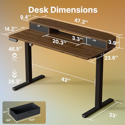 Image of HUANUO 47.2 inch X 23.6 inch Electric Standing Desk with 2 Drawers, C-Clamp Mount Compatible, Height Adjustable Computer Desk, Home Office Stand Up Desk with 4 Preset Heights & 2 Hooks, Walnut