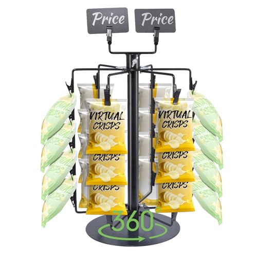 Novelfun Chip/Candy/Snack Rack Display Stand 6 Rows 30 Clips Rotating Display Rack, Candy Bag Holder Snack Organizer with Tabs for Retail Concession Stand Supplies Countertop