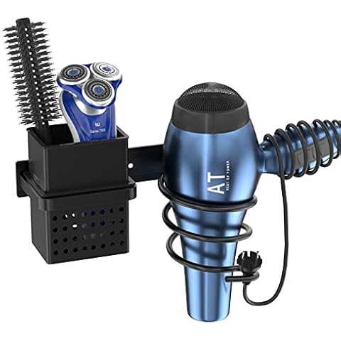 AITEE Hair Dryer Holder Wall Mounted, Blow Dryer Holder With Barrel Design, Hair Dryer Rack for Bathroom Hair Styling Tool Storage With Plug Hook, Hair Dryer Wall Holder for Straightening/Curling Rods Cover