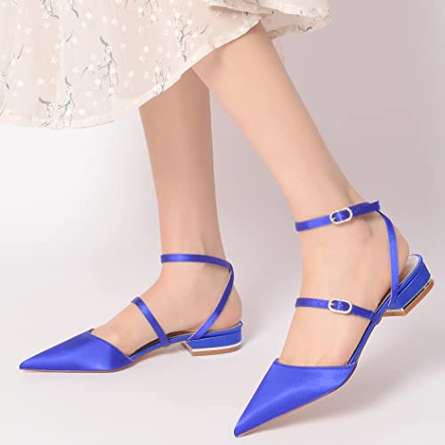 Wedding Flats for Bride Pointed Toe Bridesmaids Shoes Summer Low Heels for Women Wedding Dress Closed Toe Flats Shoes Double Buckle,Navy,9.5 US2