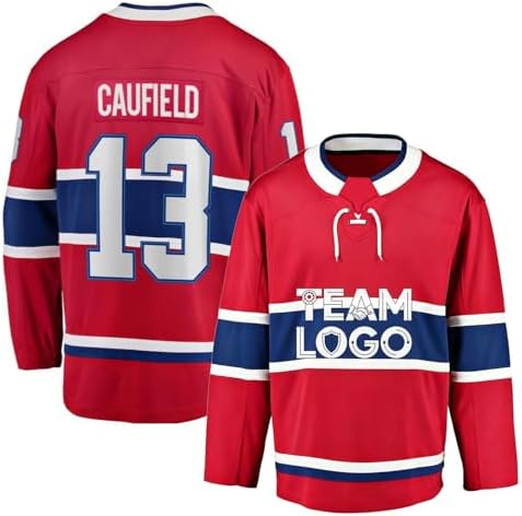 PECTNK Custom Mens Home Caufield Hockey Jersey Stitched Primegreen Player Long Sleeves Red Medium