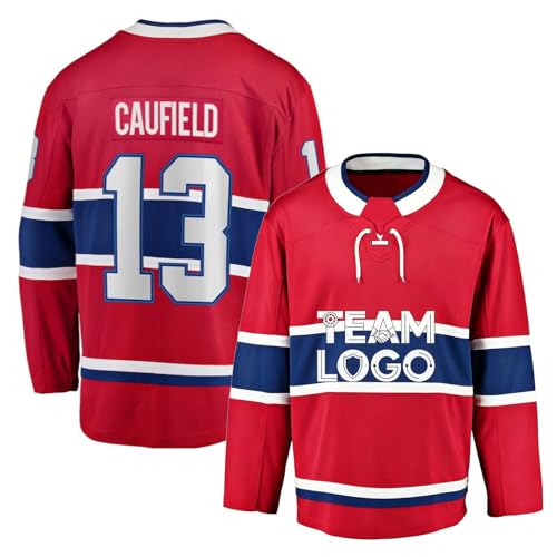 PECTNK Custom Mens Home Caufield Hockey Jersey Stitched Primegreen Player Long Sleeves Red Large