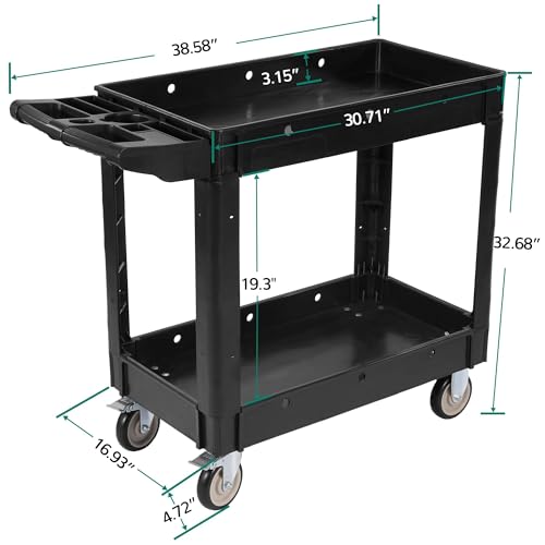 Elevon 2 Shelf 550LBS Heavy Duty Plastic Rolling Tool Cart with 2 Swivel Casters & Brakes, Ergonomic Storage Handle for Warehouse, Garage, Cleaning & Manufacturing - Black by Elevon - Image 2