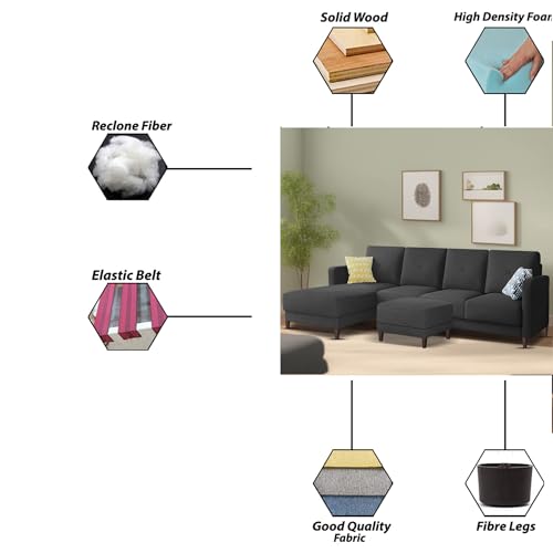 Image of Baloney LHS 6 Seater L Shape Sofa Set with Center Table for Living Room (Black Fabric) Premium Fabric Sofa