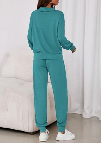 Image of PRETTYGARDEN Women 2 Piece Ribbed Knit Matching Lounge Sets | Comfy Sweat Track Suits, Athleisure Casual Outfit, Half Zip Sweatshirt & Jogger Pants, Fall Winter Clothes for Airport Travel