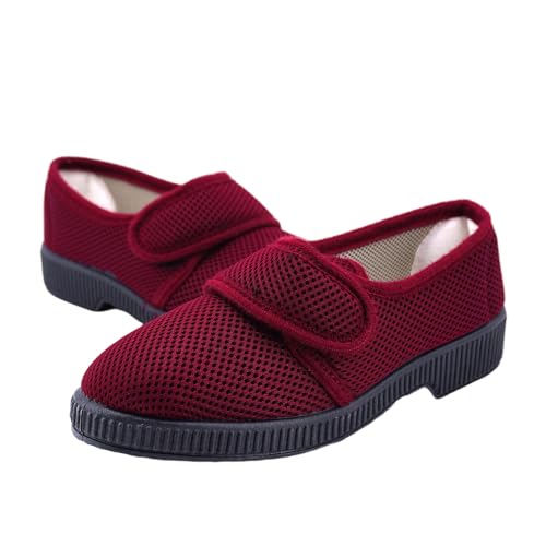 JOMIX Chaussons à Scratch Femme Maille Pantoufles Senior Respirante Ouverture Large Légers Confortables Semelle Antidérapante Parquet Carrelage Idéals Pieds Sensibles pour Maison AITD2616 Rouge 38