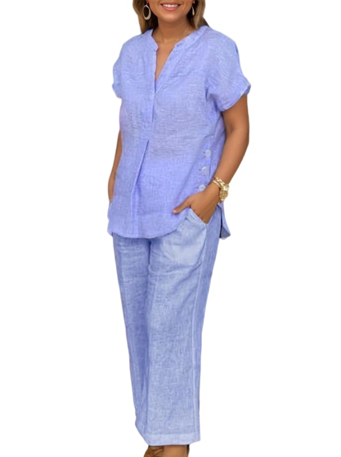 Womens Linen 2 Piece Casual Loose Matching Sets with Pockets Solid Summer Short Sleeve Top Wide Leg Pants Suit