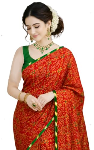 Image of LADO RANI New Jaipuri chunri print Bandhej saree in Pure georgette fabric (Dailywear Pooja Red Green saree) (No blouse)