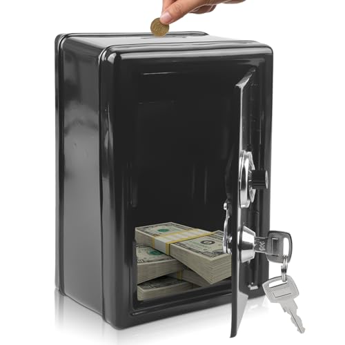 PORFOYO   Hucha de caja fuerte con ranura para moneda, caja fuerte guardada, caja de ahorro de dinero, cerradura de combinación, color negro, 12 x 18 x 10 cm