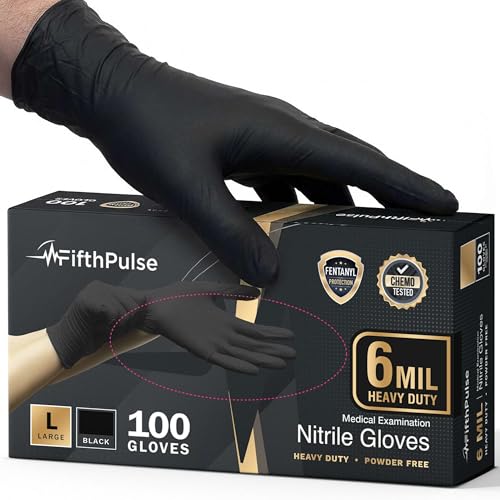 FifthPulse 6 Mil Black Nitrile Gloves Large, 100 Count Heavy-Duty Disposable Gloves for Mechanics, Food Prep, and Medical Use - Powder-Free, Latex-Free, Extra Thick & Puncture-Resistant Rubber Glove