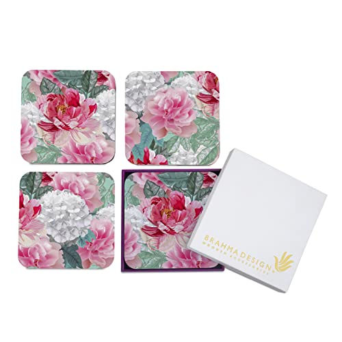 Image of Wooden Coaster Set with Gift Box | Red Chrysanthemums Design | Set of 4 Tabletop Square Coasters 3.75 inch x 3.75 inch | Kitchen Table Wooden Decorative Items | for Cups, Mugs, Cans, Glasses