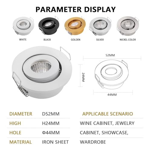 Image of Pack of 10 3W COB Mini LED Downlights Kit Eyeball Under Cabinet Recessed Ceiling Light Fixture + Driver 3000K for Living Room Closet Kitchen Accent Lighiting