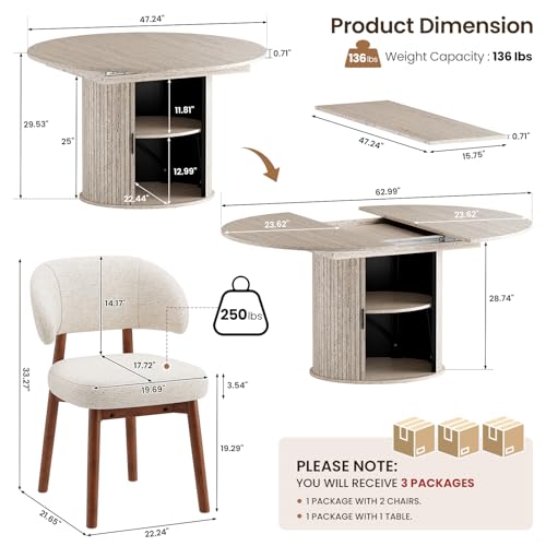 Image of MALOL 47 inch-63 inch Extendable Round to Oval Dining Room Table Chairs Set for 4-8, Modern Wooden Kitchen Table and Chairs with Hidden Storage and Fluted Design for Dining Room /Small Space(White and Beige)