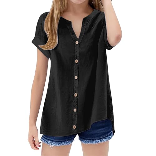 Teens Girls Shirt Short Sleeve Shirt Cotton Linen Blend Button-Down Top Kids Girls V-Neck Trendy (Black, 5-6 Years)