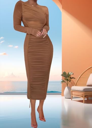 Image of Women's Long Sleeve Mesh Dress - Bodycon Off Shoulder Mesh Ruched Cocktail Club Maxi Dresses