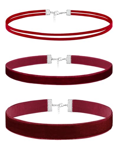 3pcs Red Choker Necklace for Women Red Velvet Choker Set Layered Chokers Necklaces Classic Chokers for Women Adjustable Gothic Collar Necklace for Party Cosplay Christmas Birthday Jewelry Gifts-3R