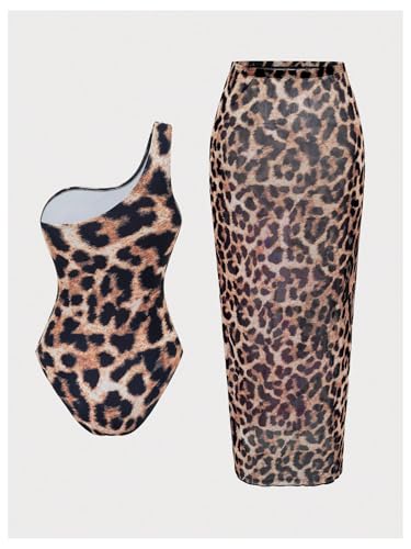 Milumia Women's Floral Leopard Print One Shoulder One Piece Swimsuit Set with Long Beach Skirt2