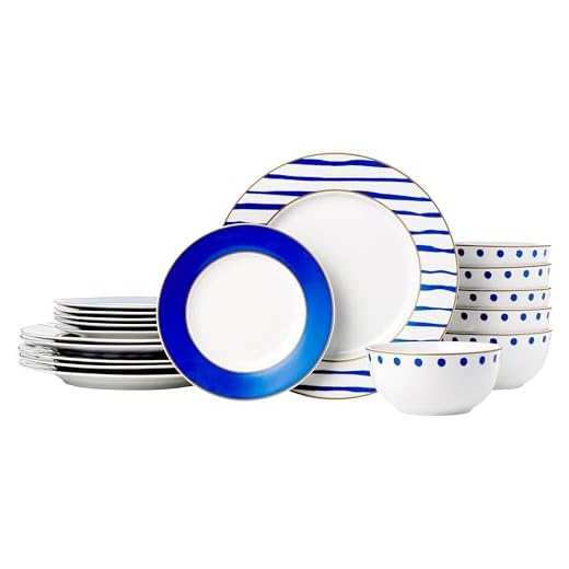 AmazonBasics 18-Piece Kitchen Dinnerware Set, Plates, Dishes, Bowls, Service for 6, Blue Accent