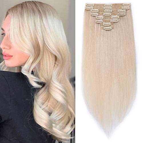 S-noilite Clip in Remy Human Hair Extensions Thick Double Weft Long Real Human Hair 16inch 130gram 8 Pieces Soft Straight Full Head Invisible Clip on Extensions #70 Bleach White