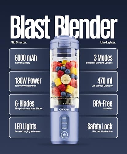 OWNAIR Portable Personal Smoothie Blender for Juices, 240W USB-Rechargeable, 470ml Tritan BPA-Free Sipper Jar, 6000mAh Battery, for Shakes & Baby Food (Blue)