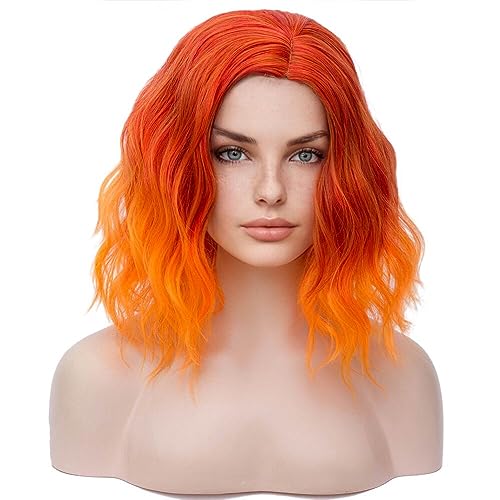 Image of BERON 14 inch Women Girls Short Curly Bob Wavy Wig Body Wave Halloween Cosplay Daily Party Wigs (Ombre Orange)