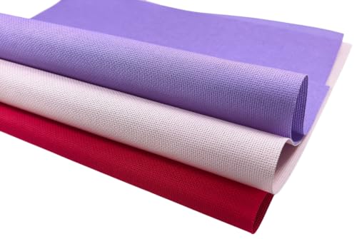 Image of KCS 3 pc of 15 inch x 18 inch(38cmx45cm) 18 Count Cross Stitch Cotton Aida Cloth Needlework Rolled Fabric Box,18CT,Lavender+Pink+Red