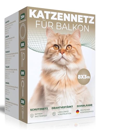 WOOWOOD Katzennetz für Balkon [Ohne Bohren] - Katzennetz Drahtverstärkt - Katzenschutznetz Wetterfest & UV-beständig - Katzengitter Inkl. 20 Kabelbinder & Dübel - Katzennetz Balkon und Fenster (8X3m)