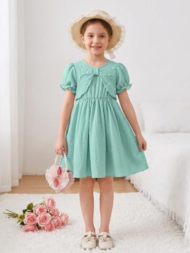 Image of Niren Enterprise Girls Bow Pearl Dress Puff Sleeve Round Neck Solid Cotton Frock