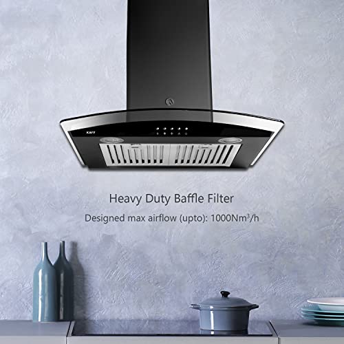 Image of KAFF LUXOR DHC 60 Heavy Duty Baffle Filter Auto Clean Curved Glass Kitchen Chimney 60 CM with 1000 m3 /hr Suction Capacity, Soft Push Buttons, Energy Saving Frosted LED Lights (Black)