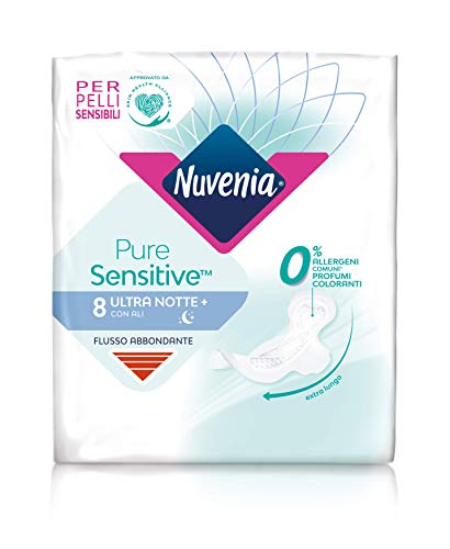 Nuvenia - Assorbente Pure Sensitive Ultra Notte con Ali - Superficie Delicata per Pelli Sensibili - Confezione da 8 Assorbenti