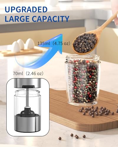CIRCLE JOY Gravity Electric Pepper Grinder Battery Operated Pepper Mill Electric with White LED Light, Adjustable Coarseness, Washable 135ml Container, Silver