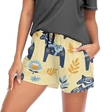 QUGRL Pajamas Bottoms for Women Swedish Dala Horse Floral Versatile Women's Athletic Shorts Lounge Sleep Pjs...