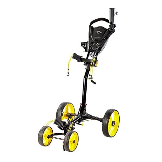 Callaway Trek Golf Push Cart 4-Wheel Compact Push Cart For Golf Clubs, Black/Yellow