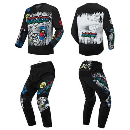 MENDLOR Motocross-Jersey-Hose, Kombi, Mx Gear Set, für Herren und Damen, Dirtbike, Enduro, Offroad, Reiten, Rennbekleidung, Rennsport, Erwachsene, Schwarz Weiß, Jersey XL Pants 36