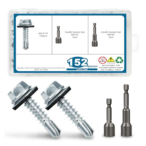 152 Stück Trapezblechschrauben 4 8x19mm mit Dichtungsscheibe - Rohrschrauben für Dachbleche inkl. 2 Bits