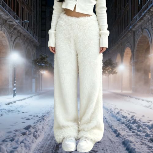 PXQIRMR Wide Leg Pants for Women Fuzzy Elastic Waist Winter Lounge Pants - image 2