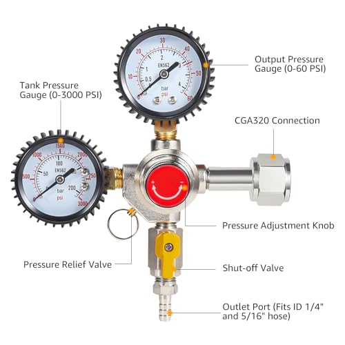 Image of Co2 Regulator for Kegerator - CGA320 Draft Beer Regulator Kegerator Regulator, Dual Gauge Brewing Keg Regulator, Co2 Tank Regulator Kegerator Parts, Co2 Pressure Regulator with 2 Hose Clamps