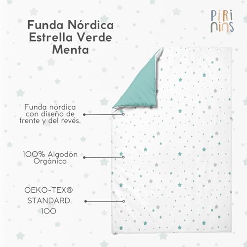 Pirinins Funda Nordica Cuna Bebe 60x120 cm Cuna Bebe Ropa de Cama Reversible Algodón 100% Organico Prevenir Alergia Dormitorio Manta Decorativa Ultra Suave Colección Premium (Estrella Verde Menta)