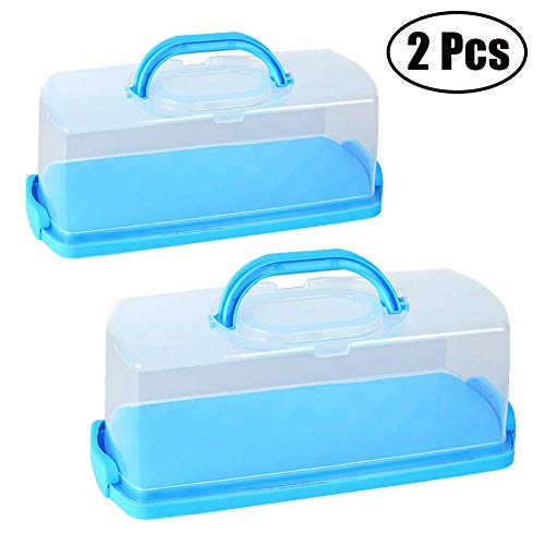 Set of 2 Pcs Portable Bread Box with Handle Loaf Cake Container Plastic Rectangular Food Storage Keeper Carrier 13-inch Translucent Dome for Pastries, Bagels, Bread Rolls, Buns or Baguettes (Blue)