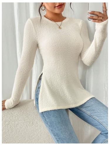 MakeMeChic Women's Fuzzy Sweater Crew Neck Long Sleeve Split Fitted Pullover Tops2