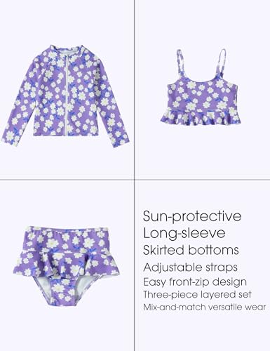 Image of DREAM BUS Toddler Girls Long Sleeve Swimsuit 3 Piece Rashguard Set with Bikini Top Baby Girls Bathing Suit Swimwear