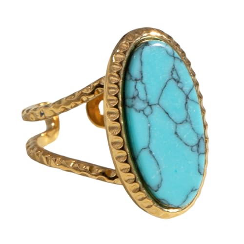 Hebelee Geometric Oval Statement Ring for Women Gold-Toned Titanium Steel Retro Stone Adjustable Open Band Wrap Finger Rings Comfirm Fit Boho Vintage Wedding Engagement Jewelry (Blue)