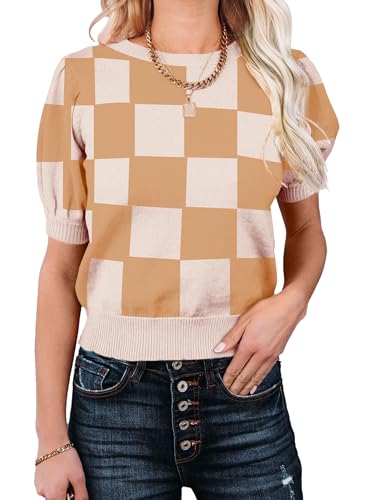 Image of Womens Puff Short Sleeve Sweater Tops Crewneck Basic Knit Pullover Lightweight Casual Sweaters