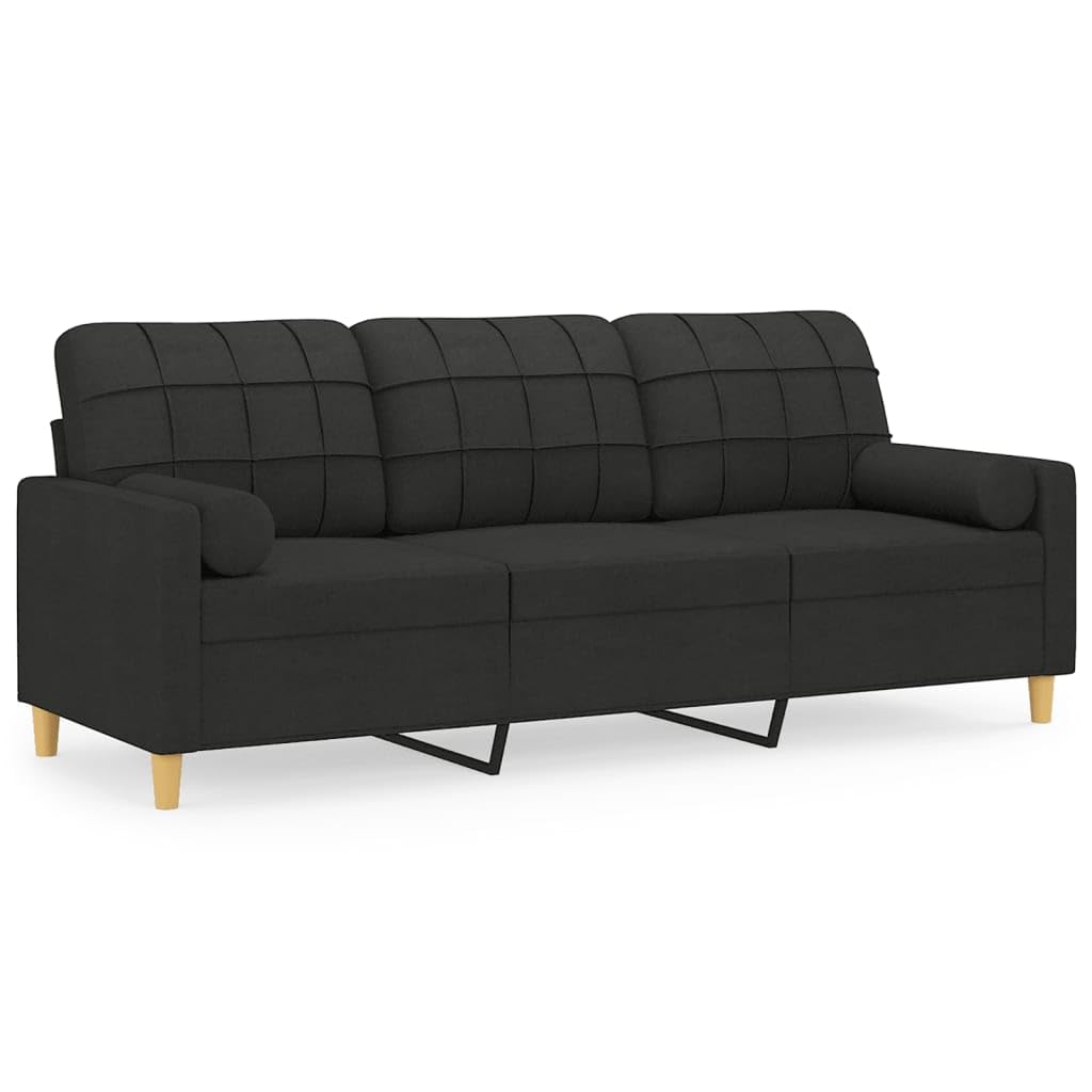 Divano 3 posti con cuscino decorativo nero, 180 cm, in tessuto, per soggiorno, camera da letto, camera degli ospiti