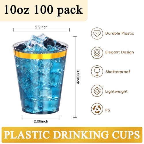 Image of 100 Pcs Gold Black Plastic Cups,10Oz Gold Rimmed Plastic Cups,Heavy Duty Gold Rim Clear Disposable Plasitc Cocktail Tumblers Wine Cup for Party,Wedding,Birthday,Christmas