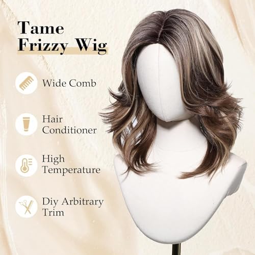 Image of Ash Blonde Wavy Wigs Human Hair for Women, Lace Front Shoulder-Length Bob, Natural-Looking, Heat-Resistant, Lightweight, Ideal for Daily Wear (Brown Mixed Blonde, 20 Inch)