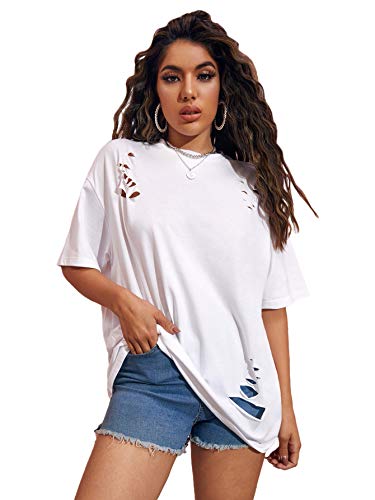 SheIn Women s Figure Graphic Oversized Loose Half Sleeve Tee Shirt White Cut Out Medium